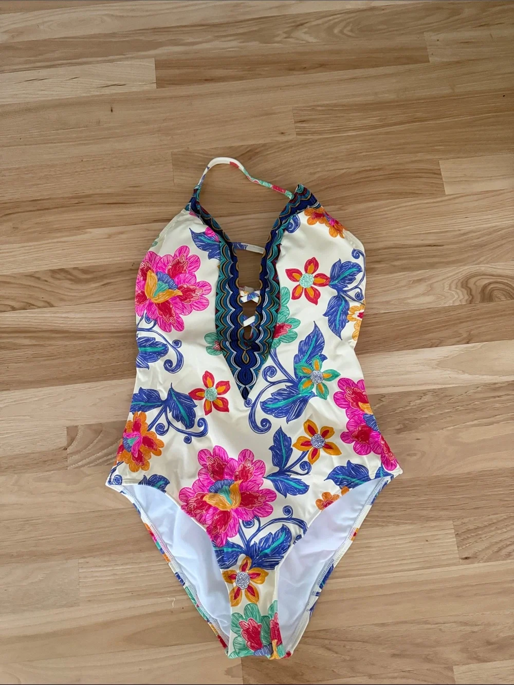 Cupshe Cream Floral Kids One-Piece Swimsuit with Pink, Blue & Orange Flowers